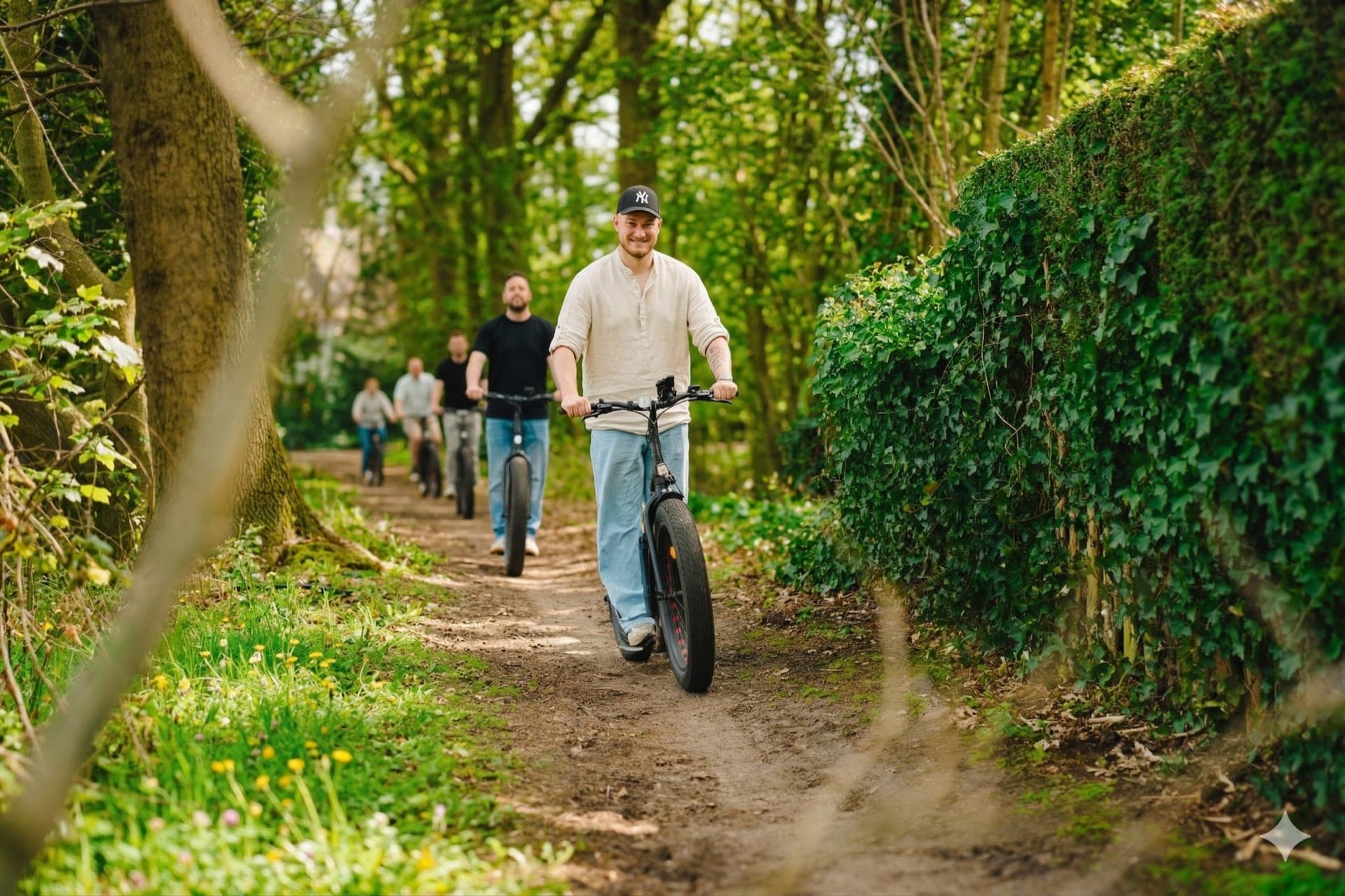 Groep op E-Rider elektrische steps door bospad in Nijmegen